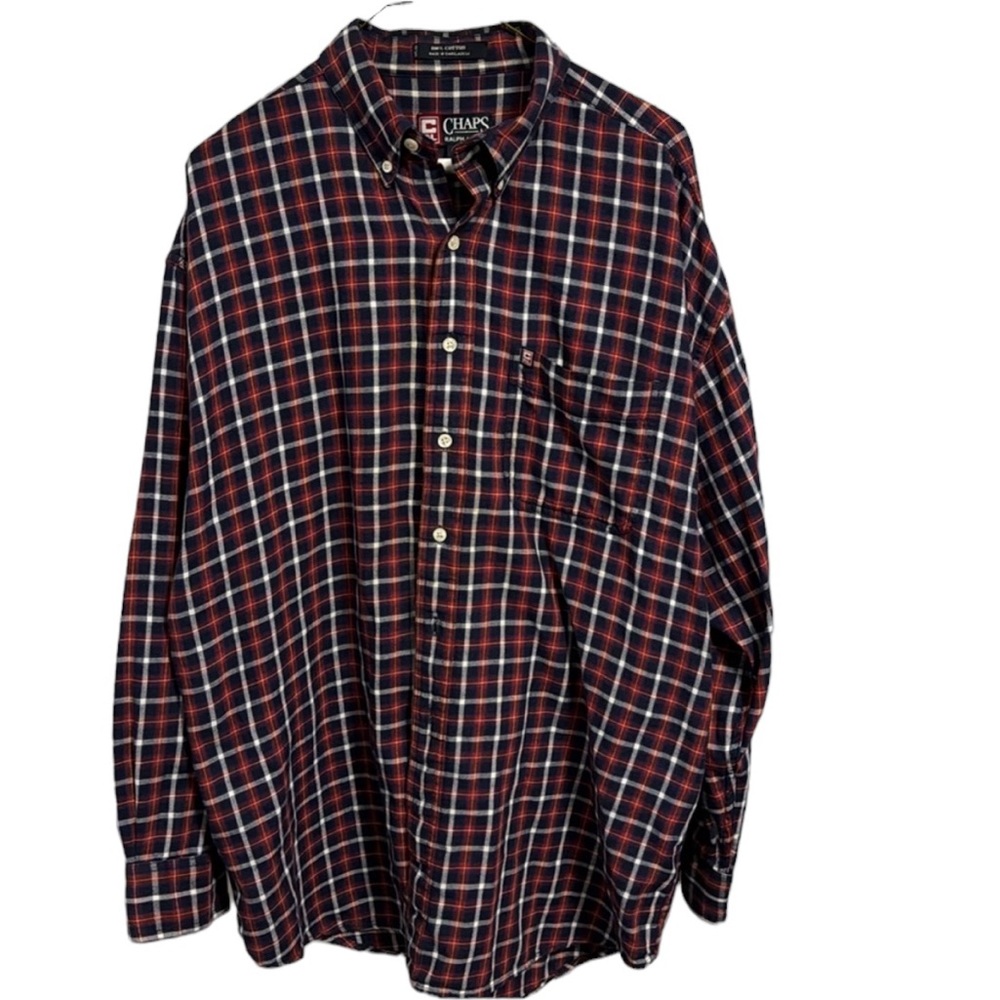 Vintage Chaps Ralph Lauren Men’s Red and Blue Plaid Shirt. Size L. Gently worn.
